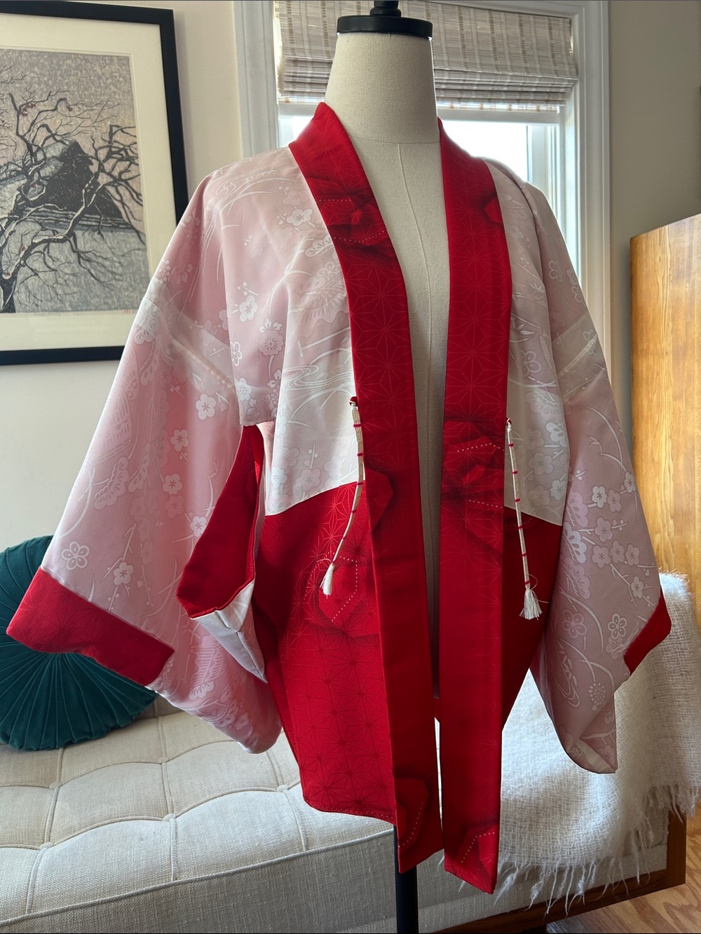 Stunning Red Silk Haori Kimono Jacket, , Vintage - Picture 7 of 10